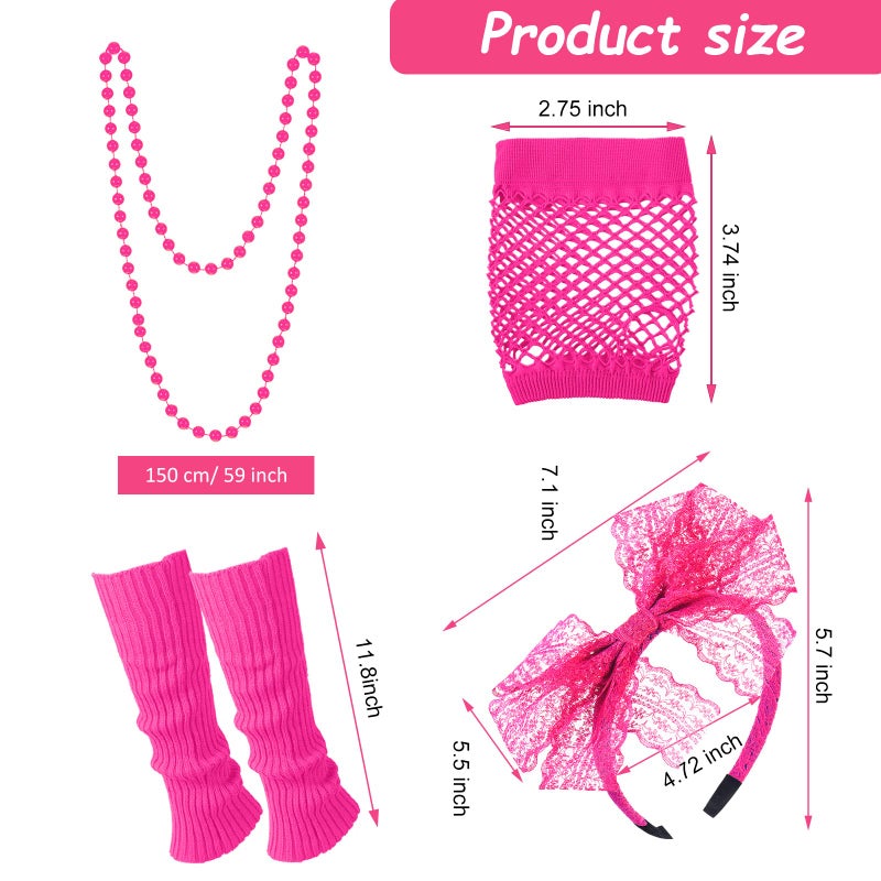 Jadive 12 Pcs 80s Costume Outfits Accessories for Woman Party Fishnet Shirt Legging Vest Hairband Necklace Gloves Leg Warmer(Rose Red, Splash Printed, Large) - Image 2