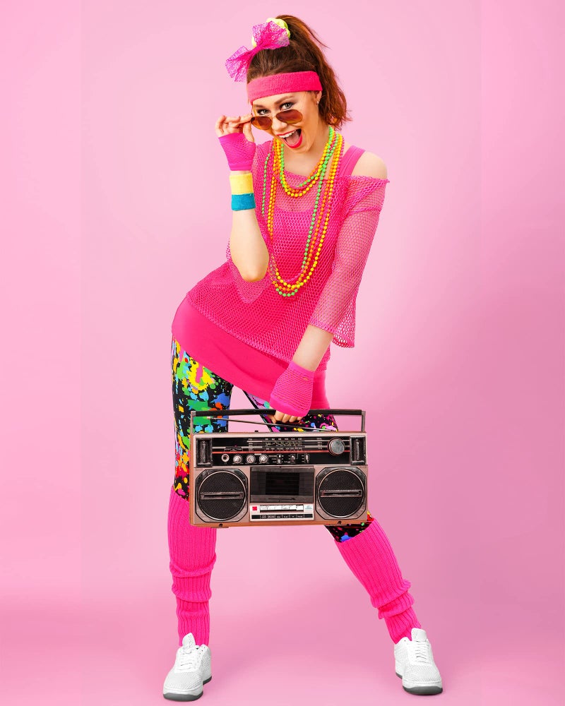 Jadive 12 Pcs 80s Costume Outfits Accessories for Woman Party Fishnet Shirt Legging Vest Hairband Necklace Gloves Leg Warmer(Rose Red, Splash Printed, Large) - Image 3