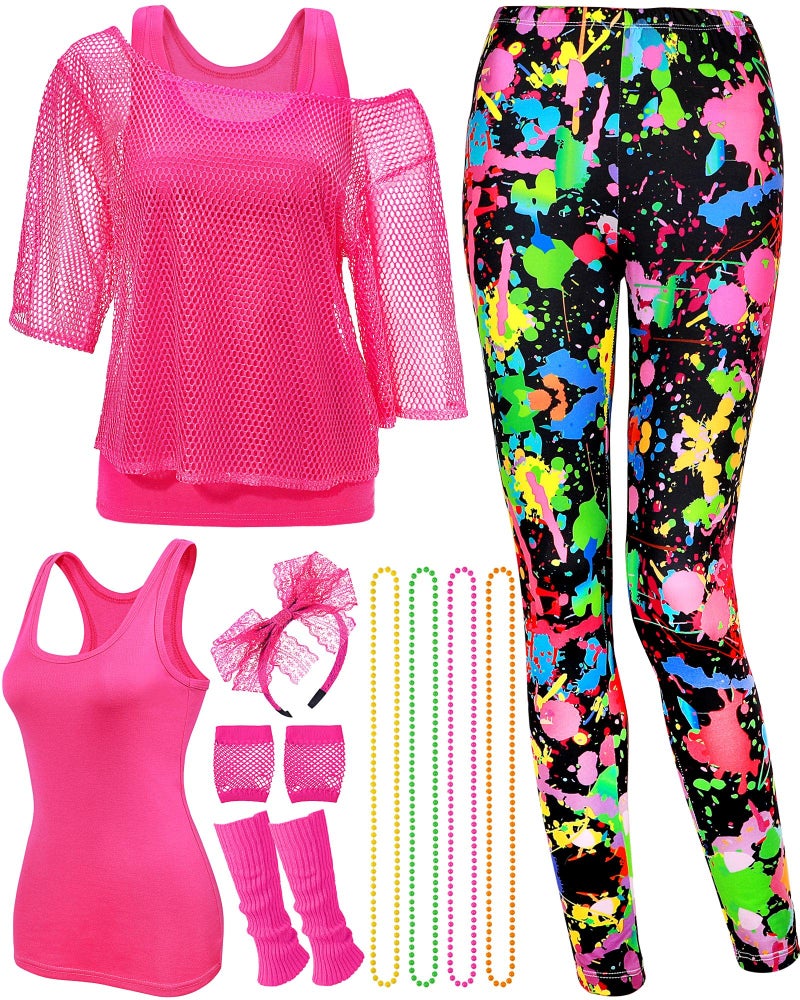 Jadive 12 Pcs 80s Costume Outfits Accessories for Woman Party Fishnet Shirt Legging Vest Hairband Necklace Gloves Leg Warmer(Rose Red, Splash Printed, Large) - Image 1