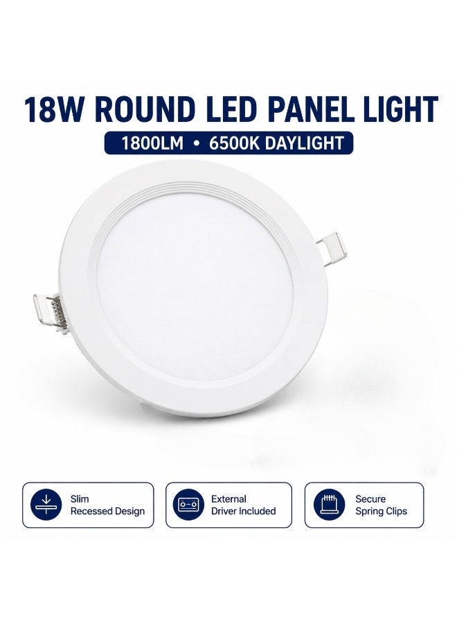 ماكسويل مصباح لوحي LED دائري غائر بقدرة 18 واط، إضاءة سقف (Downlight) بلون أبيض نهاري (6500 كلفن) مع مشغل منفصل ومشابك تثبيت زنبركية وموصل سريع، يعمل بجهد تيار متردد 220-240 فولت، تصميم نحيف للاستخدام الداخلي في المنازل والمكاتب والمطابخ والمتاجر. - Image 1