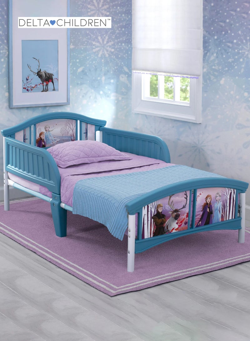 Delta CHILDREN Frozen II Toddler Bed | Plastic Frame with Guardrails | Vibrant Elsa & Anna Graphics | Fits Crib Mattress | 137x74x66.5 CM | Kids Bedroom Furniture - Image 4