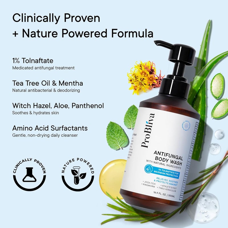 ProBliva Antifungal Body Wash Treatment Soap Antibacterial Wash for Jock Itch Ringworm Back Acne Tinea Foot Odor Medicated Skin Relief Cleanser Gel with Tea Tree Oil Tolnaftate for Men and Women - Image 3