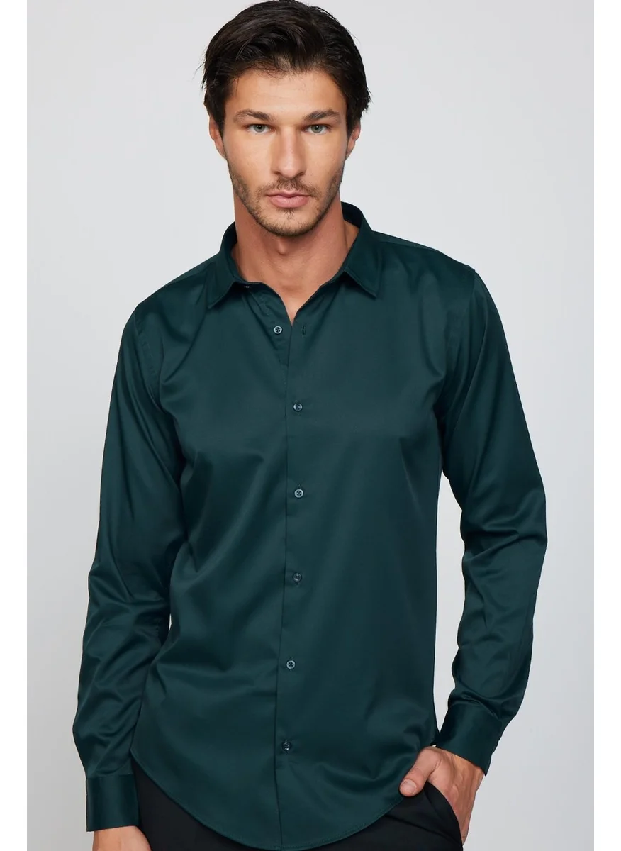 Tudors Slim Fit Long Sleeve Lycra Plain Stretch Green Men's Shirt