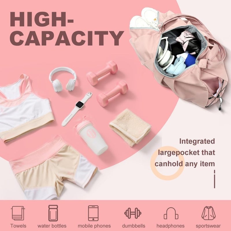 Lightweight Gym Bag for Women Crossbody Sports Duffel with Shoe Compartment Water-Resistant Wet Pocket Multi-Compartment Travel Yoga Bag For Swimming, Weekend Overnight Trips Pink - Image 3
