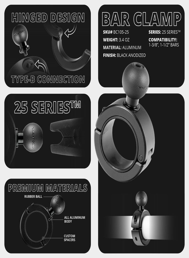 Tackform 25 Series BC1 Bar Clamp with 1" / B-Sized / 25.4mm Rubber Ball | Billet Aluminum With Rubber Insert For 1-3/8" and 1-1/2" Bars ONLY | Black | Compatible With RAM and ARKON - Image 3