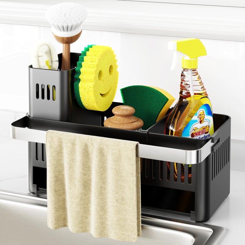 Nieifi Sponge Holder for Kitchen Sink, Sink Caddy with Towel Rack, Dish Sponge Holder, Brush Holder for Kitchen Sink Organizer Storage - Image 1