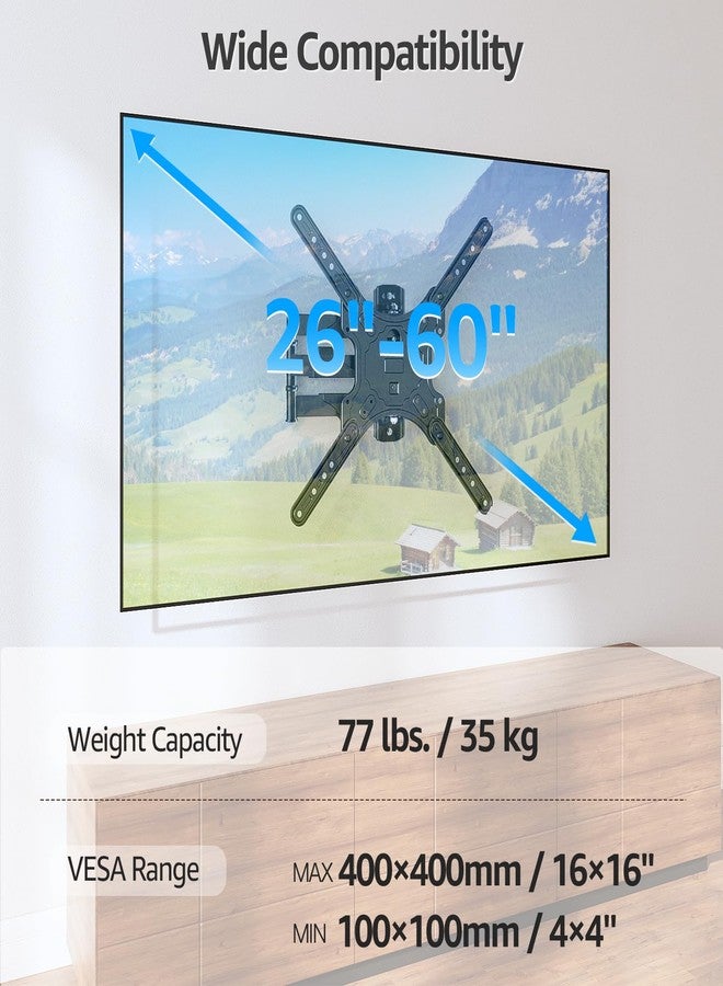 MOUNTUP TV Wall Mounts for Most 26-60 Inches TVs, Full Motion TV Bracket with Swivel and Extension, Articulating Arms, Tilt, Leveling, Single Stud Design, Max VESA 400x400mm up to 77lbs, MU0009 - Image 2