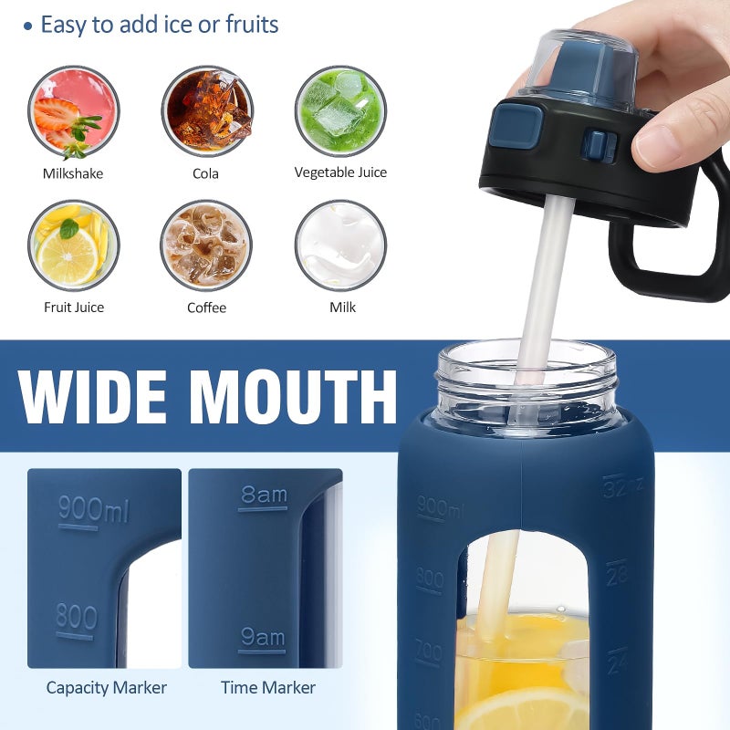 Kodrine 32 oz Glass Water Bottle with Soft Silicone Spout  Locking Lid  and Carry Loop  Navy Blue - Image 3