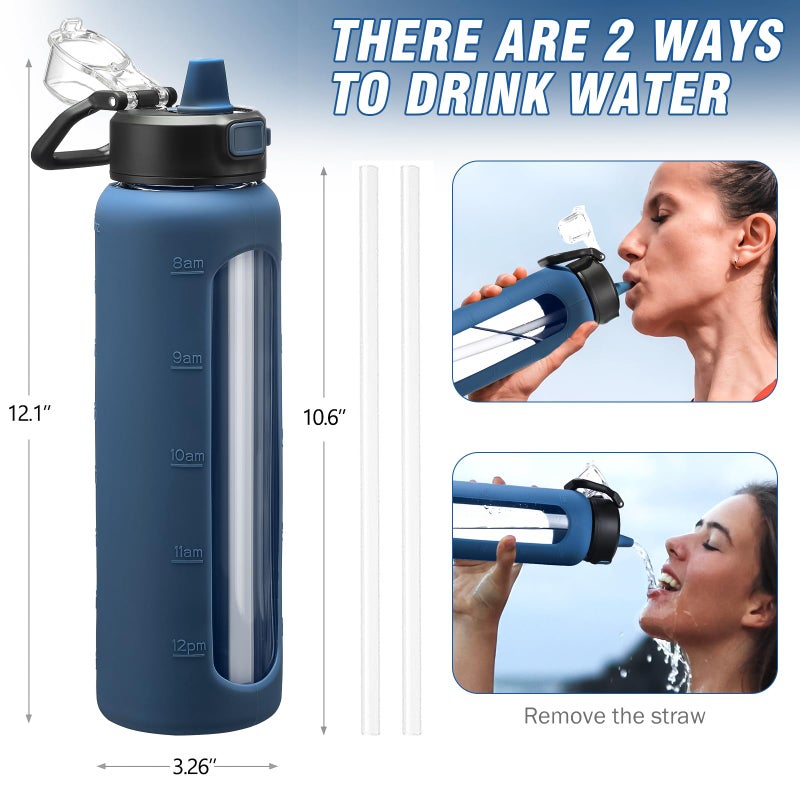 Kodrine 32 oz Glass Water Bottle with Soft Silicone Spout  Locking Lid  and Carry Loop  Navy Blue - Image 4