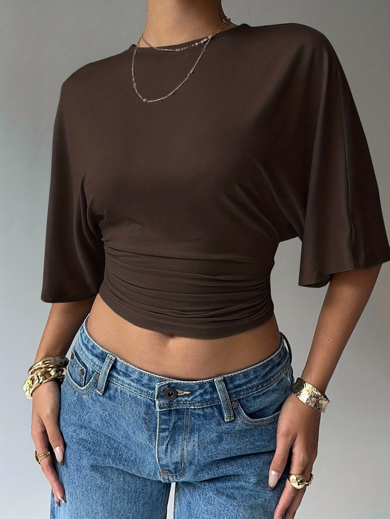 Elegant Solid Color Flared Short Sleeve Women'S Top - Coffee Brown / S - Image 3