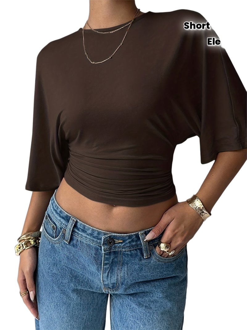 Elegant Solid Color Flared Short Sleeve Women'S Top - Coffee Brown / S - Image 1
