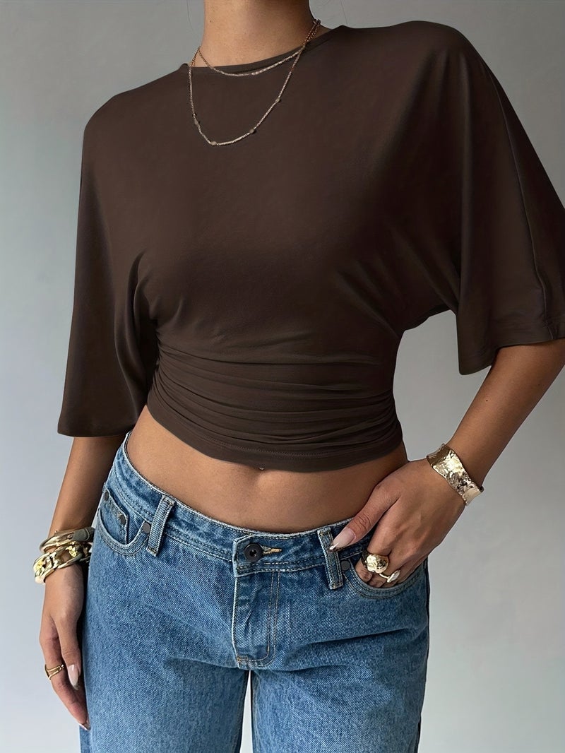 Elegant Solid Color Flared Short Sleeve Women'S Top - Coffee Brown / S - Image 2