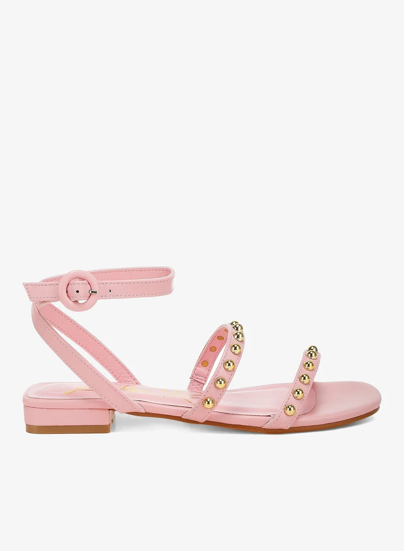 Studded Ankle Strap Flat Sandals in Pink