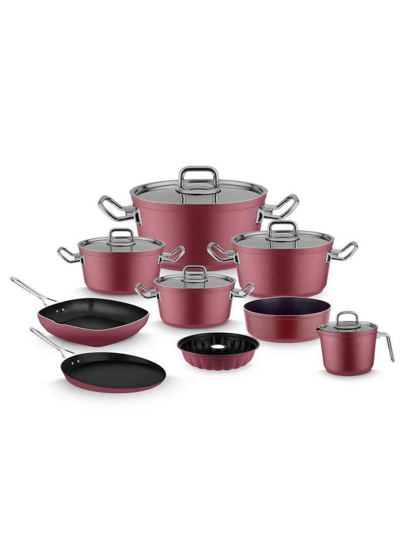 Lines Turkish Granite Cookware Set – 14 Piece Set – Stainless Steel Lid – Suitable for all stovetops – Made in Turkey  Lines Turkish Granite Cookware Set – 14 Piece Set – Sizes 18/20/24/28 cm + 26 cm Crepe Pan + 28 cm Grill Pan + 16 cm Casserole Dish + 34.5 cm Oven Tray + Cake Pan – Stainless Steel Lid – 8 ColorsRed Wood