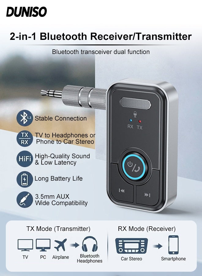 DUNISO Bluetooth Receiver for Car with Built-in Microphone,AUX Adapter 3.5mm Jack ,Wireless Transmitter,Hands-Free Calling - Image 1
