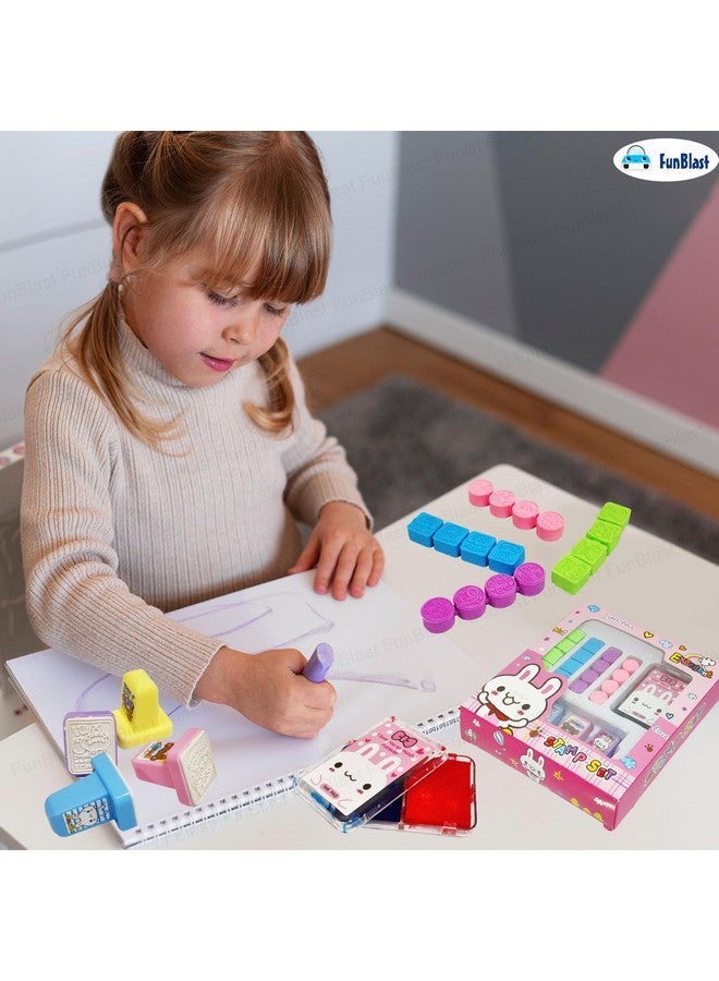 FunBlast Rabbit Theme Rubber Seal Stamp Kit - DIY Coloring & Stamping Set with 16 Small Stamp, 4 Big Stamp, 2 in 1 Ink Pad for Art and Carft, School Supplies, Educational Toys for Girls, Boys (Pink) - Image 5