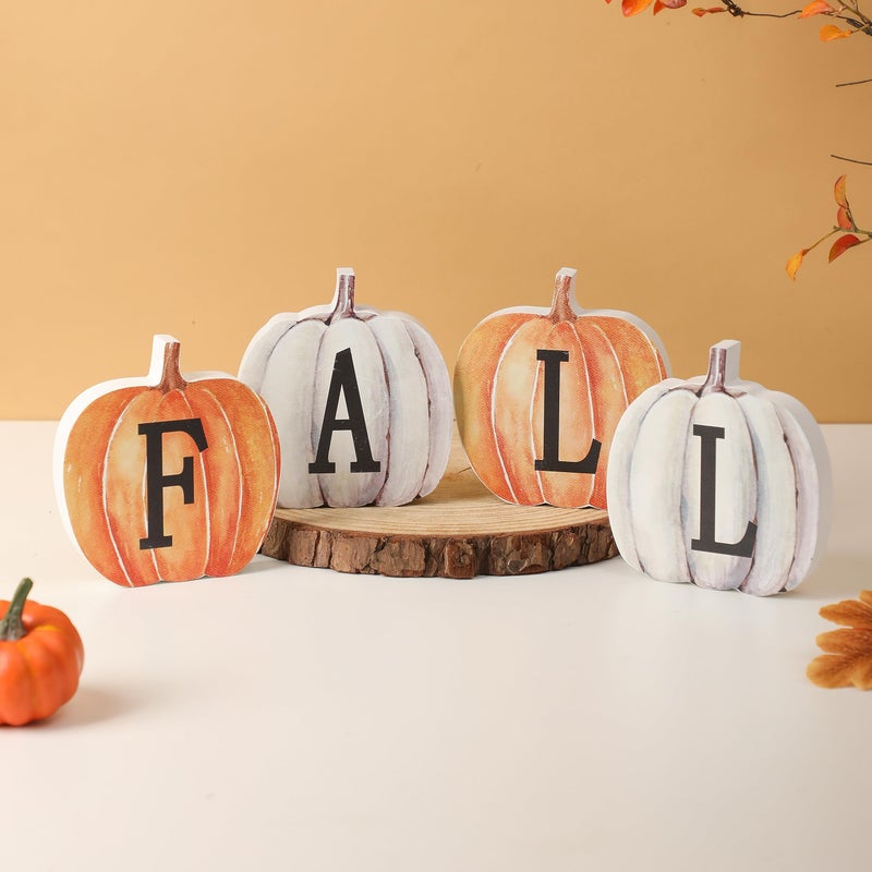 NEWLIGHTURE Fall Pumpkin Decor  4pcs Wood Sign Pumpkin Block Set Farmhouse Fall Table D?cor for Home Office Thanksgiving Tiered Tray Decor - Image 3