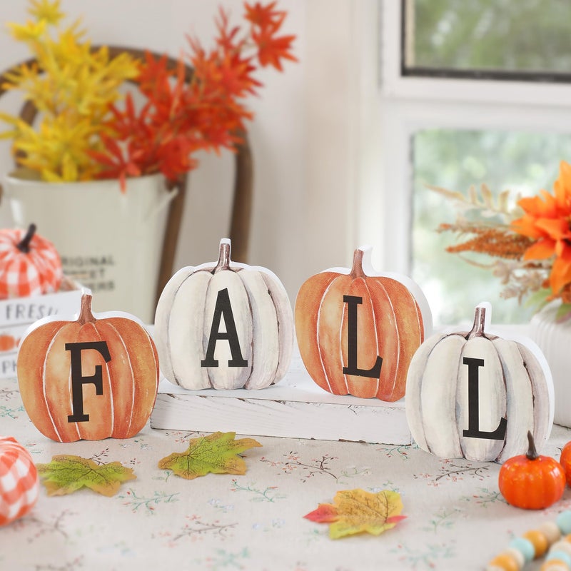 NEWLIGHTURE Fall Pumpkin Decor  4pcs Wood Sign Pumpkin Block Set Farmhouse Fall Table D?cor for Home Office Thanksgiving Tiered Tray Decor - Image 4