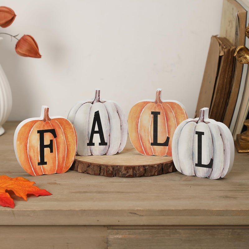 NEWLIGHTURE Fall Pumpkin Decor  4pcs Wood Sign Pumpkin Block Set Farmhouse Fall Table D?cor for Home Office Thanksgiving Tiered Tray Decor - Image 1
