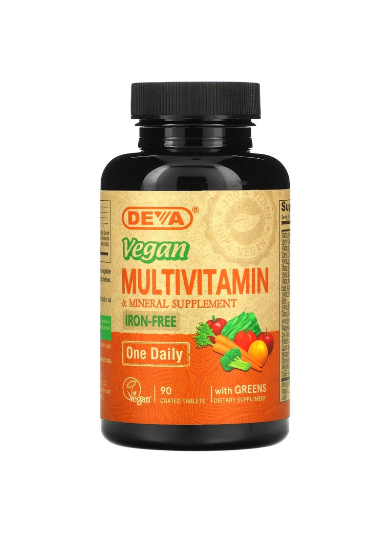 Deva Vegan Multivitamin & Mineral Supplement with Greens, Iron Free, 90 Coated Tablets