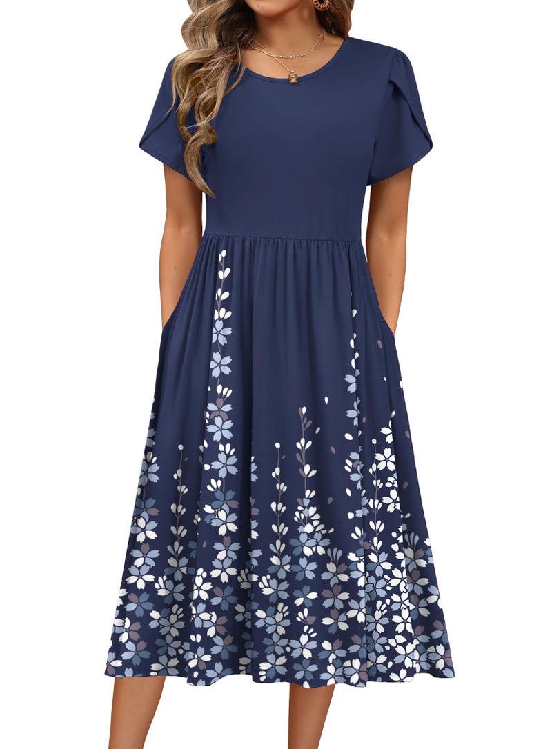 HOTOUCH Women's Casual Dress 2026 Aline Midi Flowy Swing Floral Summer Loose T-Shirt Dresses Crewneck Shift Sundress with Pockets Holiday Travel - Image 1