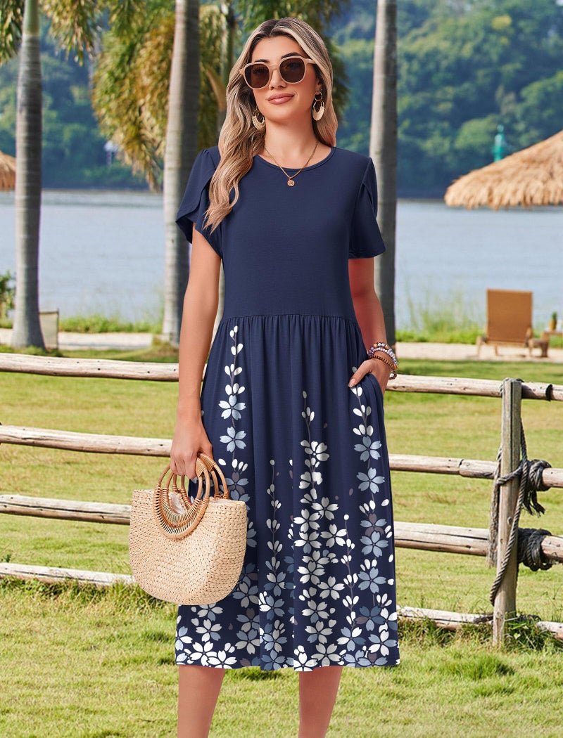 HOTOUCH Women's Casual Dress 2026 Aline Midi Flowy Swing Floral Summer Loose T-Shirt Dresses Crewneck Shift Sundress with Pockets Holiday Travel - Image 4