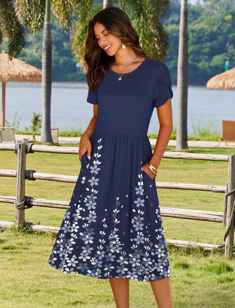 HOTOUCH Women's Casual Dress 2026 Aline Midi Flowy Swing Floral Summer Loose T-Shirt Dresses Crewneck Shift Sundress with Pockets Holiday Travel - Image 2