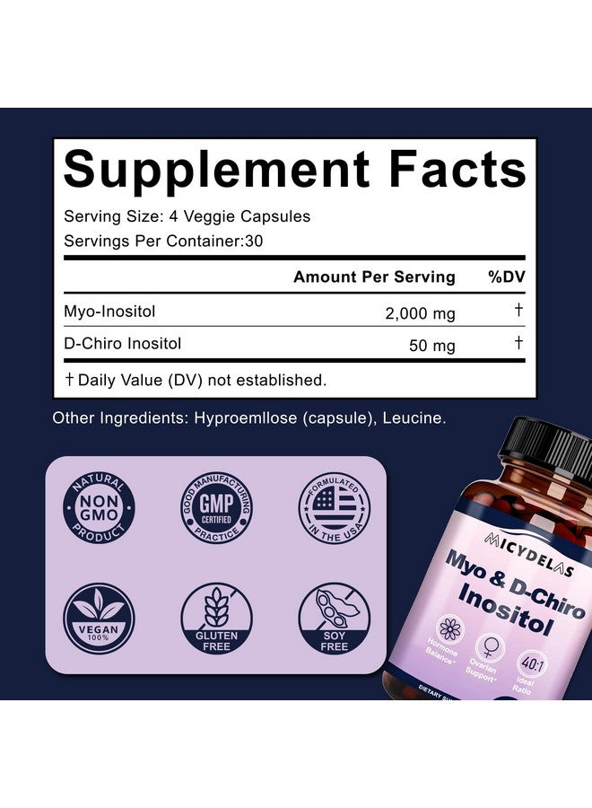 Generic MICYDELAS Myo-Inositol & D-Chiro Inositol Supplement for Women Hormone Balance & Female Health Support, Ideal 40:1 Ratio Per Serving, Vegan, Non-GMO, 120 Capsules  - Image 4