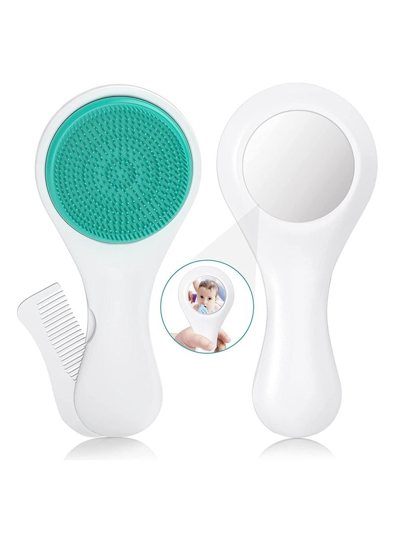 Y&D Baby Hair Brush and Comb Set - Silicone with Mirror 3 in 1 Super Soft for Newborn Toddler Infant Grooming Kit (Green)  - Image 1