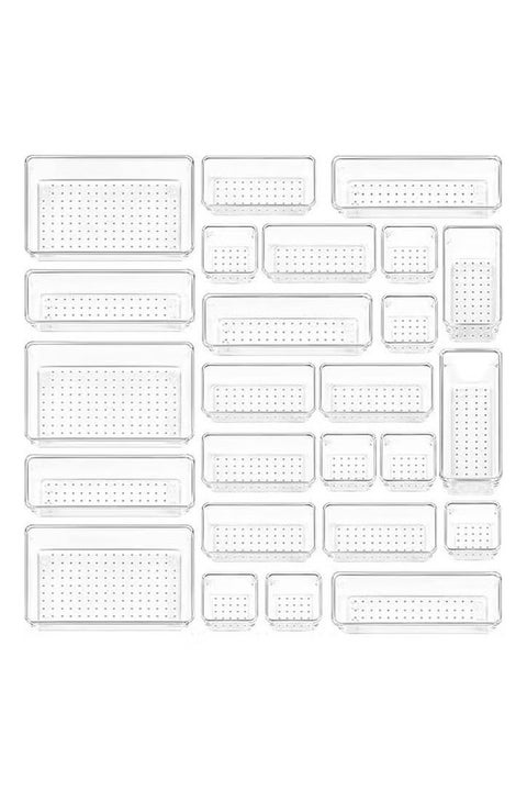 Set of 25 clear plastic drawer organizers, multi-size, organize drawers in bathroom, makeup, jewelry, kitchen and office.