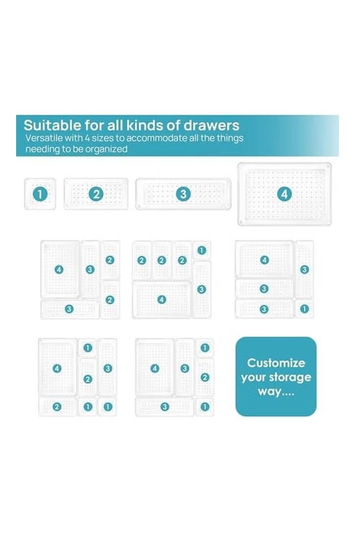 Set of 25 clear plastic drawer organizers, multi-size, organize drawers in bathroom, makeup, jewelry, kitchen and office.