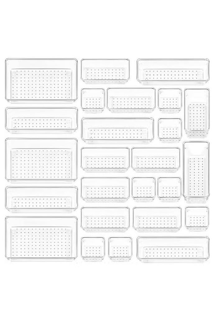 Set of 25 clear plastic drawer organizers, multi-size, organize drawers in bathroom, makeup, jewelry, kitchen and office.