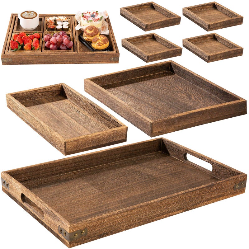Yangbaga Rustic Wooden Serving Trays with Handle - Set of 7 Rectangular Platters for Entertaining, Breakfast, Coffee Table, Home Decor - Image 1