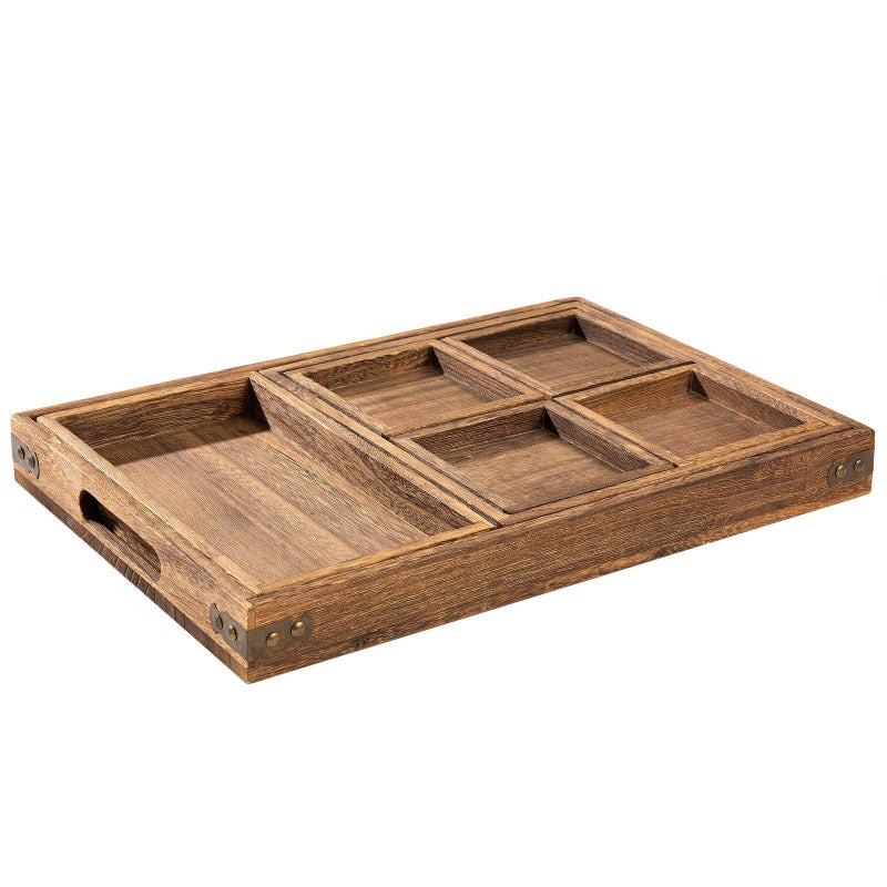 Yangbaga Rustic Wooden Serving Trays with Handle - Set of 7 Rectangular Platters for Entertaining, Breakfast, Coffee Table, Home Decor - Image 3
