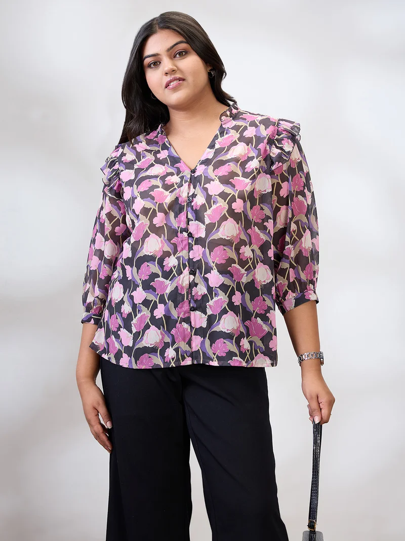 globus Globus Gloplus Women Black V-Neck Puff Sleeves Floral Print Ruffle Detail Plus Size Shirt
