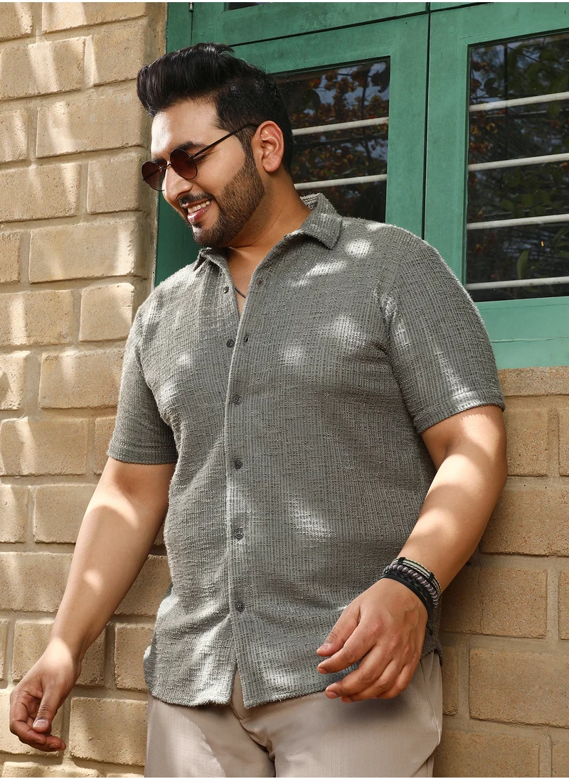 Instafab Plus Instafab Plus Men's Olive Green Tactile-Resort Shirt For Casual Wear | Spread Collar | Short Regular Sleeves | Button Closure | Plus Size Shirt Crafted With Comfort Fit For Everyday Wear