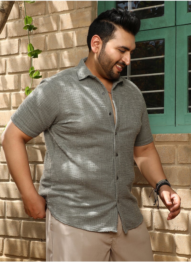 Instafab Plus Instafab Plus Men's Olive Green Tactile-Resort Shirt For Casual Wear | Spread Collar | Short Regular Sleeves | Button Closure | Plus Size Shirt Crafted With Comfort Fit For Everyday Wear  - Image 3
