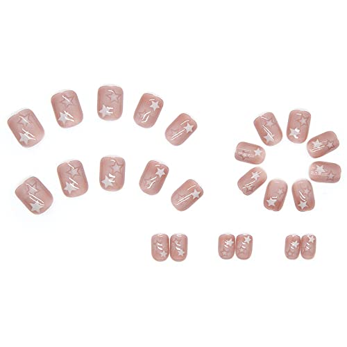 MERVF Square Press on Nails Short Fake Nails Nude Brown Squoval Acrylic Star 24pcs Glossy Glue ons y2k False Nail - Image 5