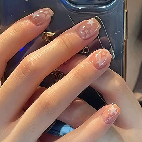 MERVF Square Press on Nails Short Fake Nails Nude Brown Squoval Acrylic Star 24pcs Glossy Glue ons y2k False Nail - Image 2