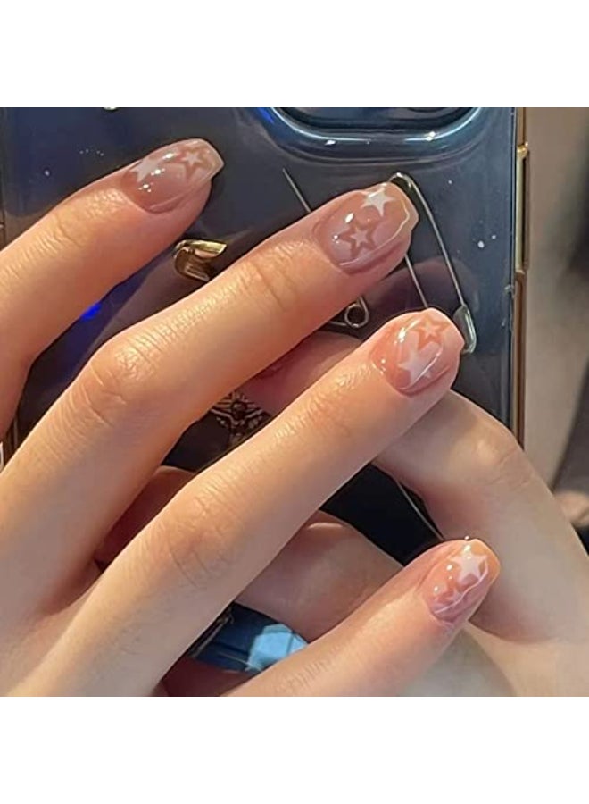 MERVF Square Press on Nails Short Fake Nails Nude Brown Squoval Acrylic Star 24pcs Glossy Glue ons y2k False Nail - Image 1