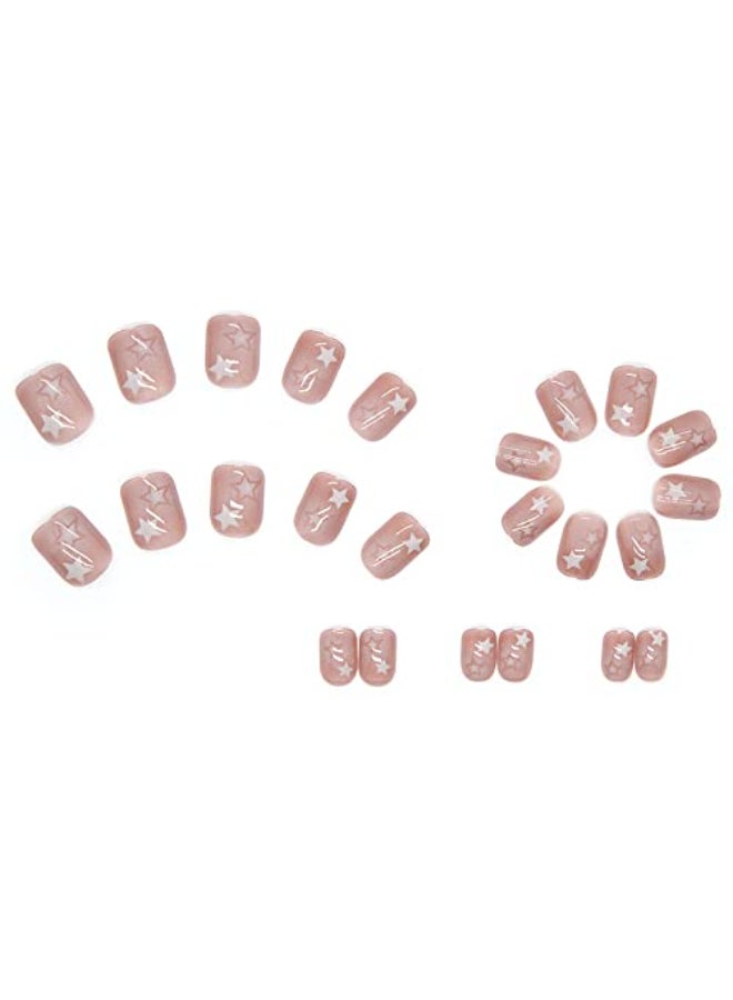 MERVF Square Press on Nails Short Fake Nails Nude Brown Squoval Acrylic Star 24pcs Glossy Glue ons y2k False Nail - Image 4