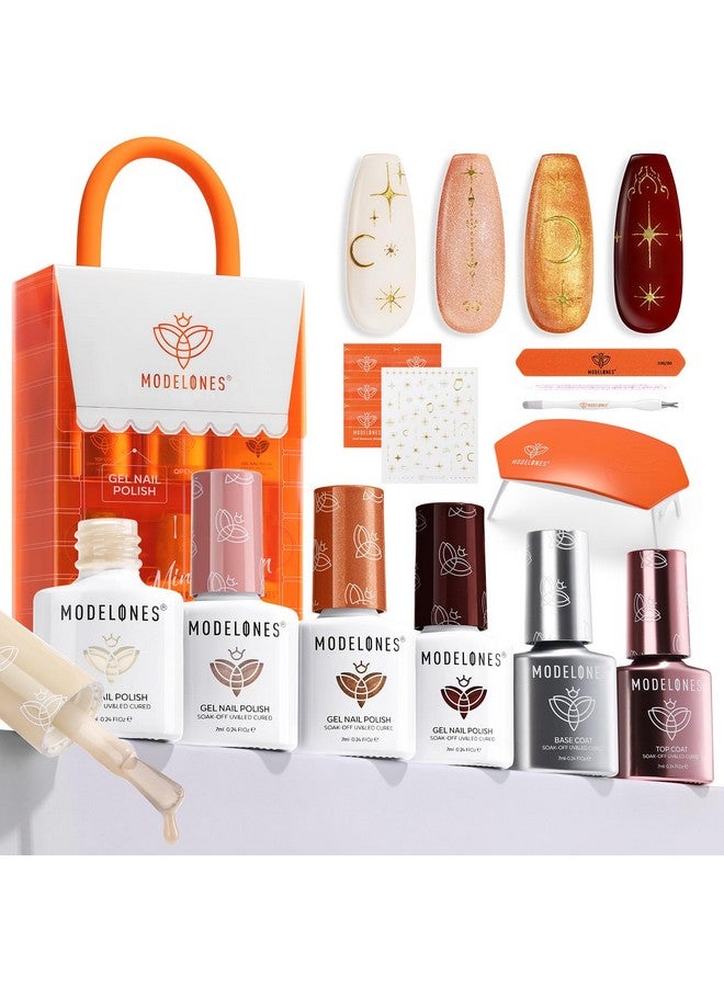 modelones Modelones Gel Nail Polish Kit with U V Light, Milky White Nude Glitter Pink Red Gold Metallic Manicure Set with Base Top Coat Star Stickers 4 Colors Gel Mini Salon Nail Art Starter Gift for Women Girl - Image 1