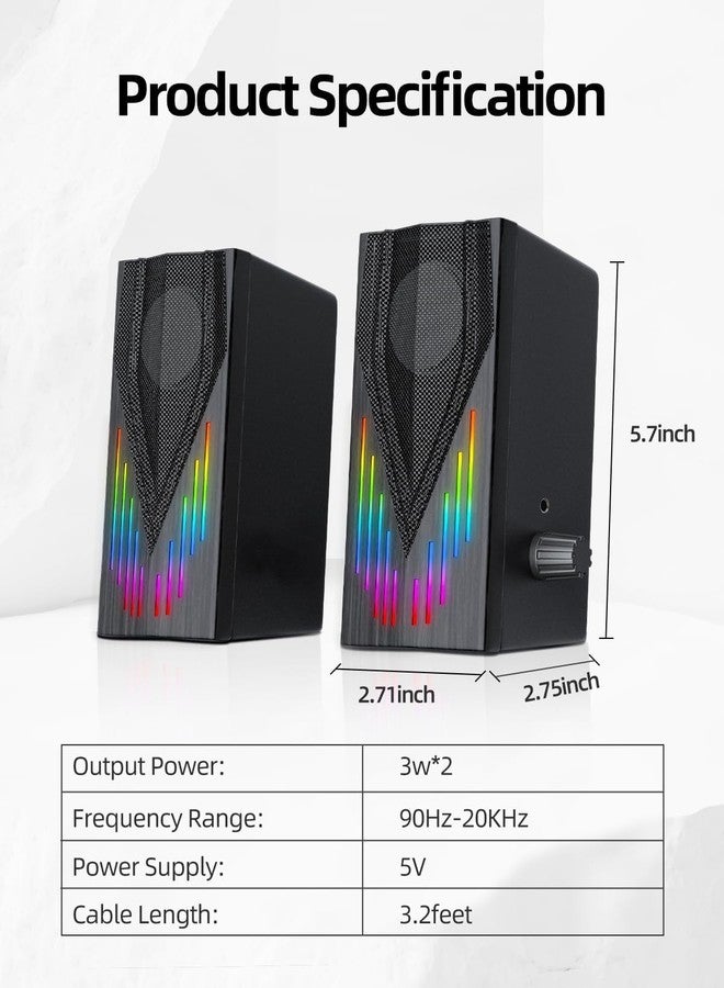 Uakinat Computer Speakers with 6 Colorful RGB Lights,USB Powered 3.5mm Aux with Loud Stereo Sound,Headphone-in for Desktop,PC/Laptop/Tablet Phone - Image 2