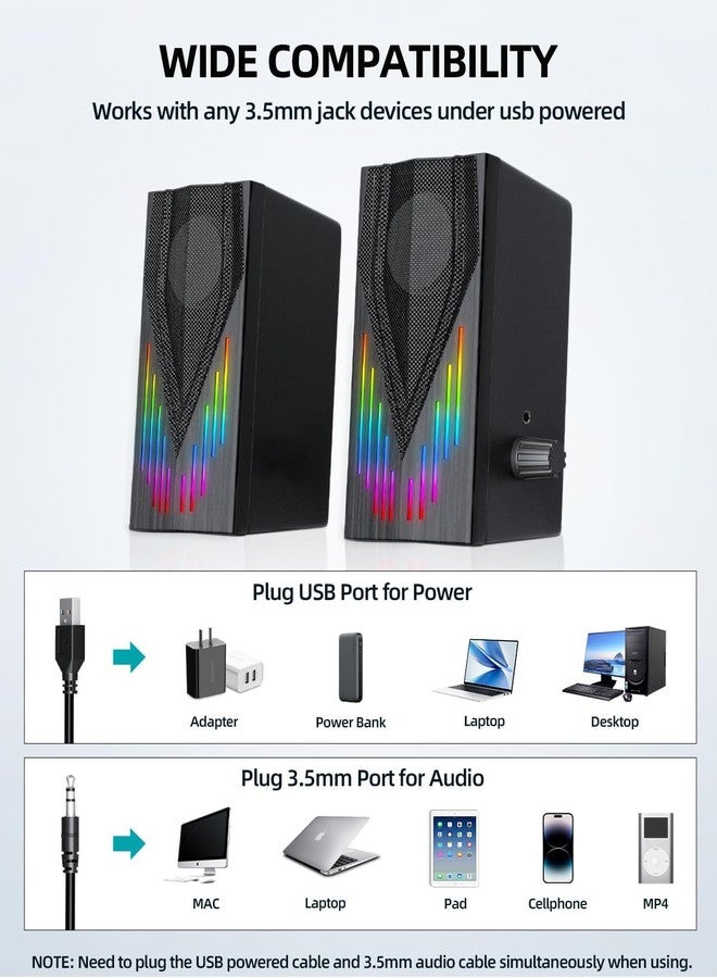 Uakinat Computer Speakers with 6 Colorful RGB Lights,USB Powered 3.5mm Aux with Loud Stereo Sound,Headphone-in for Desktop,PC/Laptop/Tablet Phone - Image 5