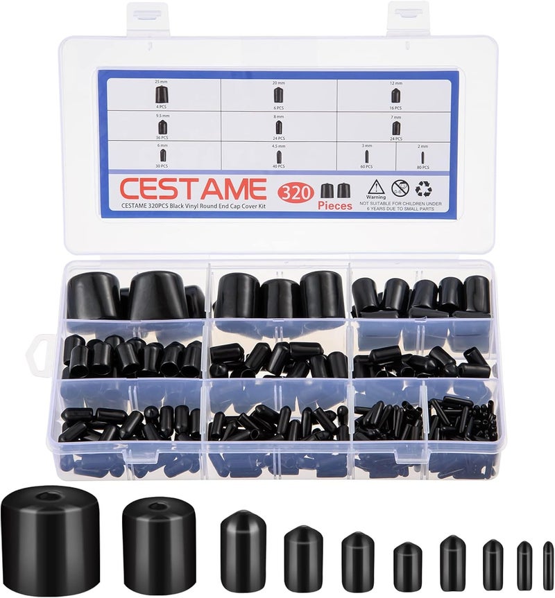 CESTAME 320 Pieces Rubber End Caps Black Round Vinyl End Caps Bolt Screw Covers Caps Rubber Thread Protector Caps Cover in 10 Sizes from 0.08 to 1 Inch - Image 1