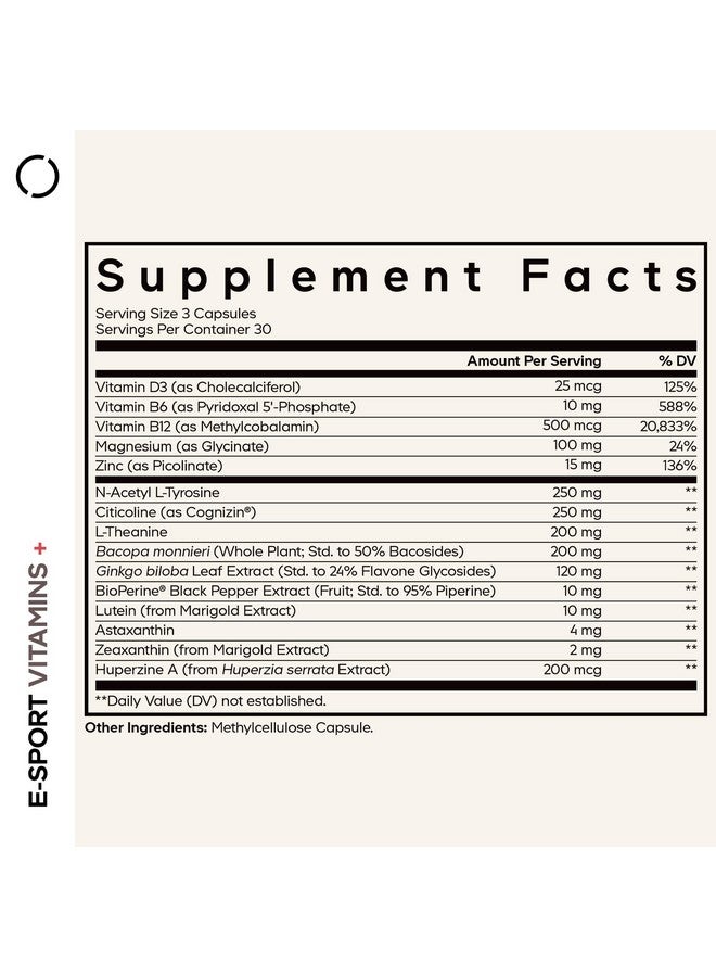 Codeage E-Sport Vitamins+ Citicoline Cognizin, Bacopa Monnieri Supplement, Multivitamins, Astaxanthin, L-Theanine, Ginkgo Biloba, Acetyl-L-Tyrosine, Huperzine A, Lutein, Esport Gaming - 90 Capsules - Image 2