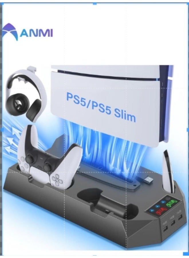 أنمي حامل PS5 Slim مع محطة تبريد وقاعدة شحن لوحدة التحكم المزدوجة للإصدار الرقمي PS5 Slim، إصدار قرص PS5 Slim، مروحة تبريد PS5 Slim مع حامل سماعة رأس و3 سرعات مروحة قابلة للتعديل （أسود）