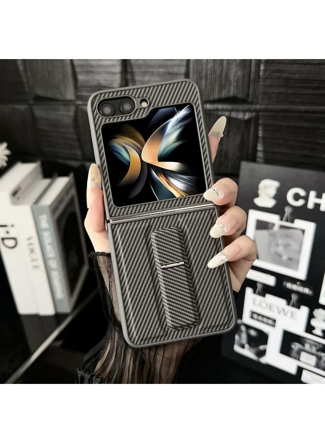 S-TOP Case For Samsung Galaxy Z Flip4 5G Carbon Fiber Foldable Leather Phone Case with Stand - Image 2