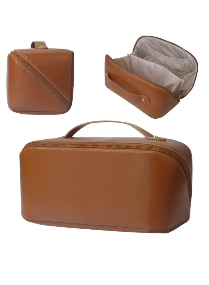 OASIS-TH Large Capacity Travel Cosmetic Bag, Waterproof Open Flat Travel Make up Bag Portable PU Leather Everything Cosmetics Bag Brown - Image 1