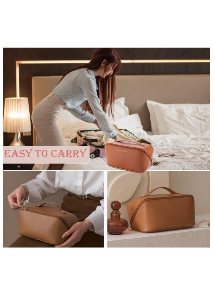 OASIS-TH Large Capacity Travel Cosmetic Bag, Waterproof Open Flat Travel Make up Bag Portable PU Leather Everything Cosmetics Bag Brown - Image 2